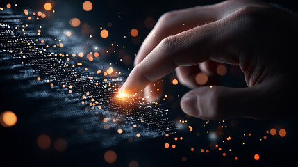 Aufkleber - Close up of hand interacting with digital interface, showcasing data and light effects. image conveys sense of technology and innovation