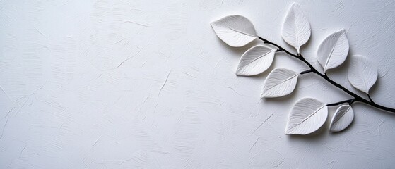 Poster - Softly textured white branch with elegant leaves on a light background for tranquil decor