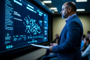 Poster - A professional discusses data insights in a sleek conference room, highlighting trends on a large digital screen