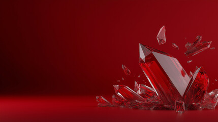 Poster - Shimmering red beryl crystals scattered on vibrant red background, showcasing their sharp edges and reflective surfaces, creating striking visual impact