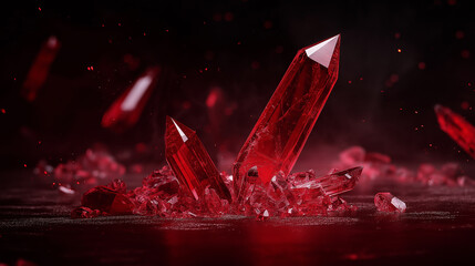Leinwandbilder - Vibrant red beryl crystals scattered on dark surface, showcasing their sharp edges and brilliance. striking color and clarity evoke sense of luxury and allure