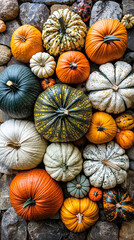 Poster - A colorful assortment of pumpkins, showcasing different shapes and sizes, rests on a textured stone backdrop in fall