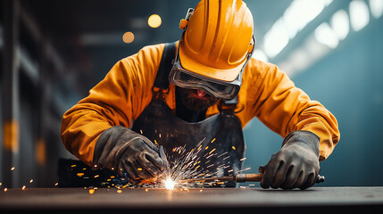 Leinwandbilder - skilled welder in protective gear works on metal, creating sparks in workshop. focused expression highlights intensity of task