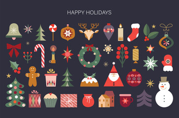 Wall Mural - happy holidays icons collection, greeting card with seasonal items, decorative vector illustration