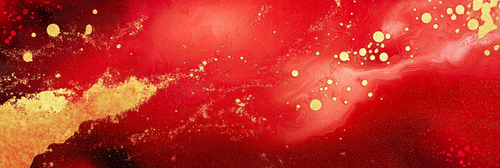 Poster - Vibrant abstract painting with rich reds and golds featuring swirling patterns and textured details in a captivating composition