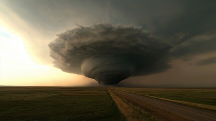 Wall Mural - large tornado is seen in the distance, with a dark sky and a bright sun in the background