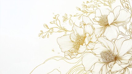 Wall Mural - Drawing of flowers with gold accents. The flowers are in the center of the image and are surrounded by a white background. The flowers are delicate and elegant, with a sense of serenity and beauty