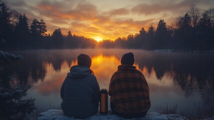 Poster - As the sun sets below the horizon, two people sit quietly by the lakeside, enjoying the peaceful view and reflecting on nature's beauty. The atmosphere is serene and calm.