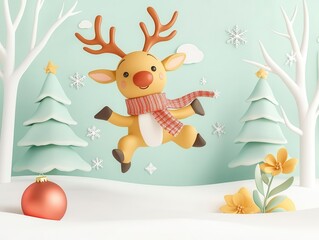 Wall Mural - Whimsical reindeer wearing a scarf and jumping through a snowy forest, playful Christmas atmosphere