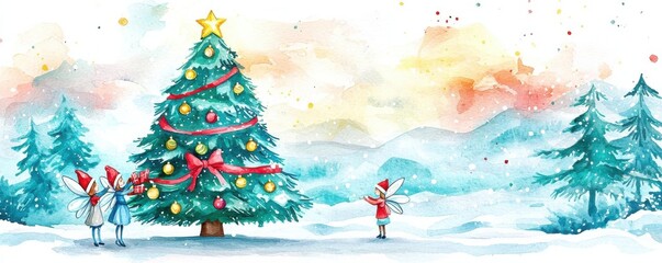 Wall Mural - Fairies decorating a giant Christmas tree in an enchanted winter landscape, whimsical holiday scene