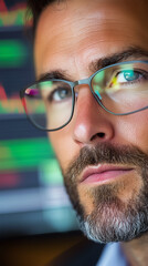 Poster - A serious man with glasses examines fluctuating stock market data displayed on a screen in his office