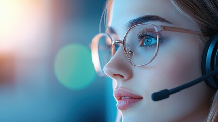 Poster - a panoramic view of a bustling call center with customer service representatives wearing headsets an