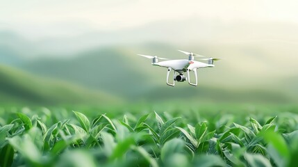 Poster - a farmer using a drone to survey crops and optimize irrigation, highlighting the use of technology i