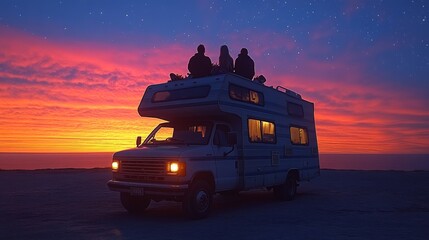 Poster - Three individuals sit on top of a camper van, taking in a vibrant sunset along the coast, surrounded by peaceful colors as stars appear in the twilight sky.