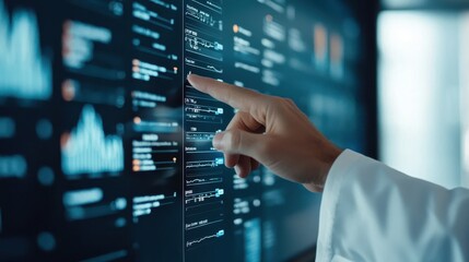 Poster - A person in a lab coat interacts with a digital display, showcasing data analysis and graphical visualizations in a technology-driven environment.