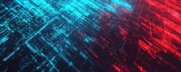 Poster - A digital abstract image showcasing a blend of blue and red light patterns, resembling data streaming or futuristic technology.