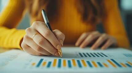 Poster - A woman writes notes while analyzing bar graphs and data on a sheet, wearing a yellow sweater and holding a pen.