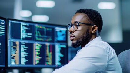 Poster - A focused professional analyzes data on multiple screens in a modern workspace, showcasing technology and concentration in a corporate setting.
