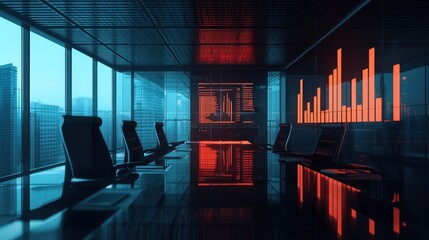 Poster - A futuristic office space featuring sleek architecture, glowing charts, and a city view, reflecting a high-tech business environment.