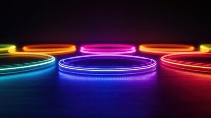 Poster - Dark background with a row of colorful neon circles, each emitting a bright, vibrant glow