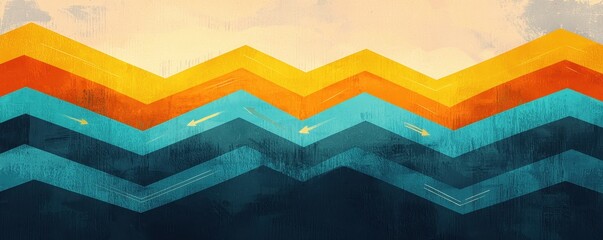 Poster - A vibrant, abstract design featuring zigzag patterns in shades of orange, turquoise, and yellow against a textured background.