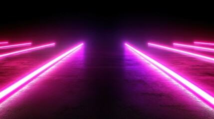 Poster - Dark background with multiple parallel neon pink lines forming a path on a textured surface