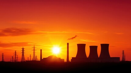 Poster - Nuclear power plant silhouetted against a vibrant orange sunset, with power lines and a small town visible in the distance