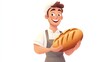 © Yaowarat - a 2D cartoon illustration of a happy baker holding a loaf of bread, fresh and warm, white background--ar 16:9