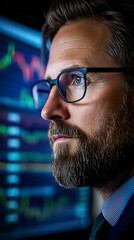 Poster - A focused individual observes stock market charts and trends on a digital screen in an office environment