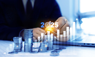 Poster - Money business financial graph diagram of coin in year 2025. Financial growth data or investment market profit bar and success report 2025.Saving money in new year 2025.