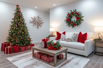 Wall Mural - White Christmas-themed living room with decorated tree, red and green wall ornaments, presents, sofa, and wooden coffee table, cozy festive interior.