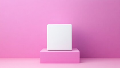 Poster - Minimalist white cube on a pink podium against a plain pink background.