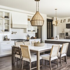 A stylish kitchen with a dining table and chairs. It has white countertops and a lamp.