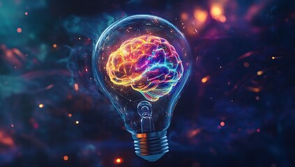 Poster - A light bulb with a colorful brain inside, floating in space