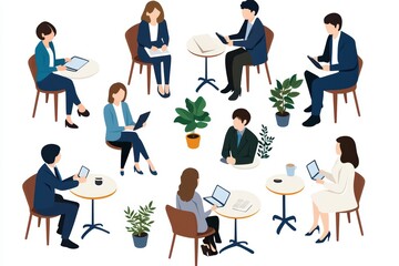 Poster - business professionals collaborating in a modern office setting, with plants and technology around t
