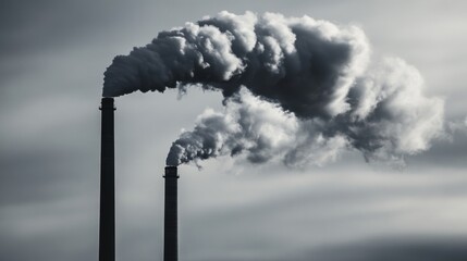 smokestacks releasing dense smoke into a cloudy sky, symbolizing industrial pollution and environmental issues. Captures the urgent need for sustainable practices and clean energy solutions.