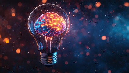 Poster - A light bulb with a colorful brain inside, floating in space