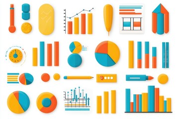 Poster - Collection of colorful charts and graphs for data visualization on a white isolated background.
