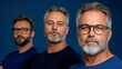 © PaulShlykov - Group of three men with beards in glasses, posing for a portrait against a blue background during a casual indoor gathering