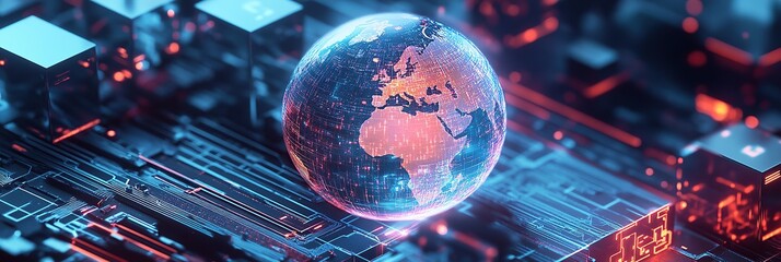 Poster - A high-tech illustration of an abstract and futuristic scene featuring digital blocks connected