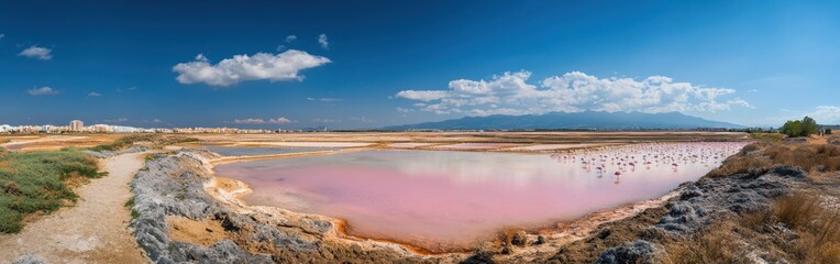 Explore the stunning salt flats of San Pedro del Pinatar with vibrant pink waters and flamingos in a breathtaking landscape