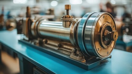 Wall Mural - Closeup of a vintage industrial hydraulic cylinder with a brass valve and a large metal flywheel, sitting on a workbench with blurred people in the background.