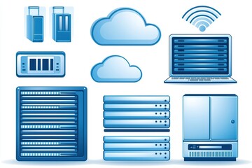 Poster - Illustration of various technology components, including servers and cloud symbols, on a white background.
