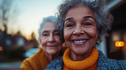 Two elderly women share a warm smile in an outdoor setting, portraying a moment of genuine friendship and happiness against a serene, soft-lit backdrop.