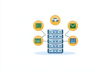 Poster - Network server with icons representing transport, email, and calendar on a white background.