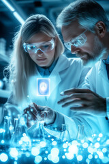 Poster - Two researchers in lab coats are analyzing chemical reactions under advanced lighting technology in a lab