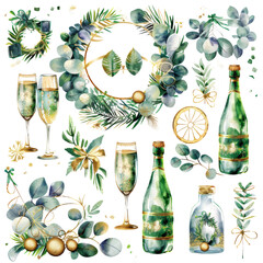 Wall Mural - New Year's card decorated with watercolor gold, New Year's vector illustrations, frames, icon set 2025 isolated on transparent or white background