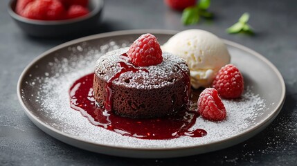 Wall Mural - Rich Chocolate Dessert with Fresh Raspberries and Ice Cream