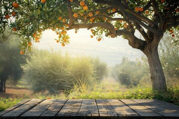 Wall Mural - wooden podium displays products in farm setting with nature background.