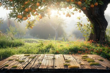Wall Mural - wooden podium displays products in farm setting with nature background.